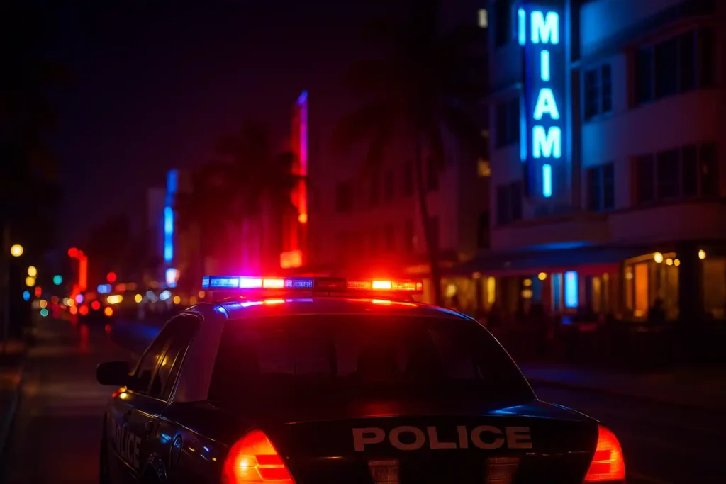 Police car with flashing red and blue lights on a Miami street at night, with neon signs and palm trees in the background.