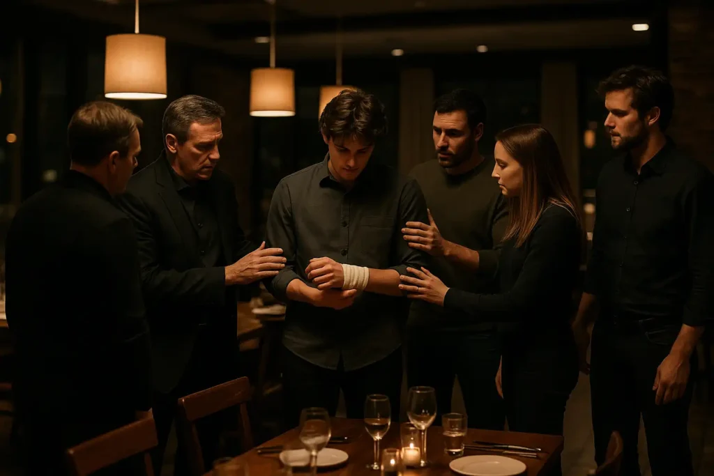 AI-generated image showing teammates assisting a player after the Jack Hughes injury during a team dinner, with no faces visible and a dramatic atmosphere.