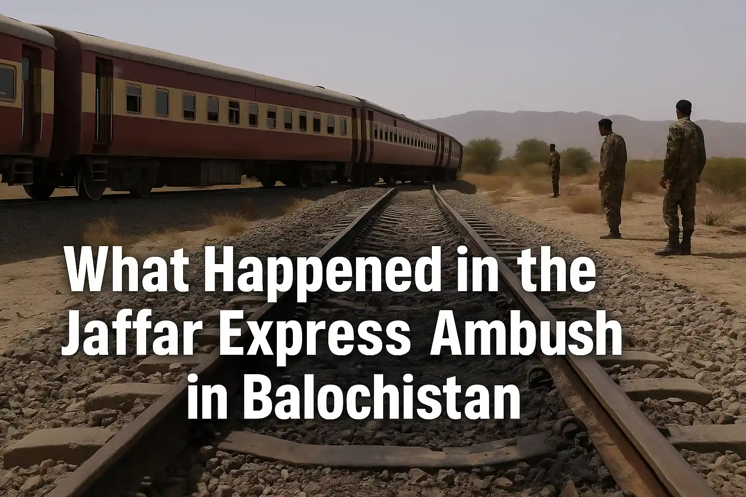 Damaged railway track and soldiers inspecting the site near the Jaffar Express after the reported attack, illustrating the latest Jaffar Express ambush update in Balochistan.