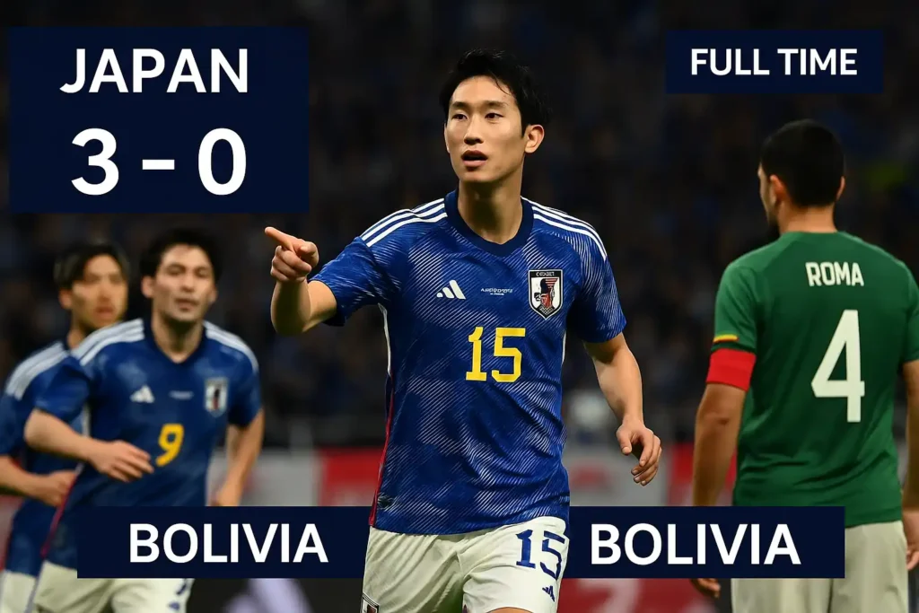Japan vs Bolivia match featured image showing Japanese players celebrating a 3–0 victory in an international friendly