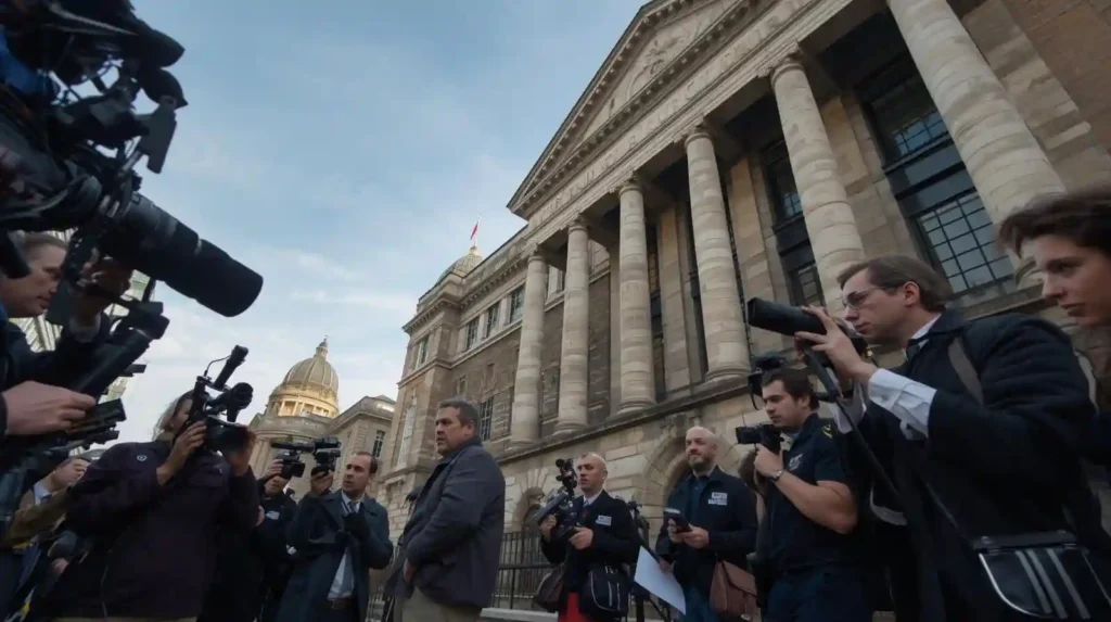Liverpool Crown Court with journalists and cameras outside during the Joey Barton case coverage.