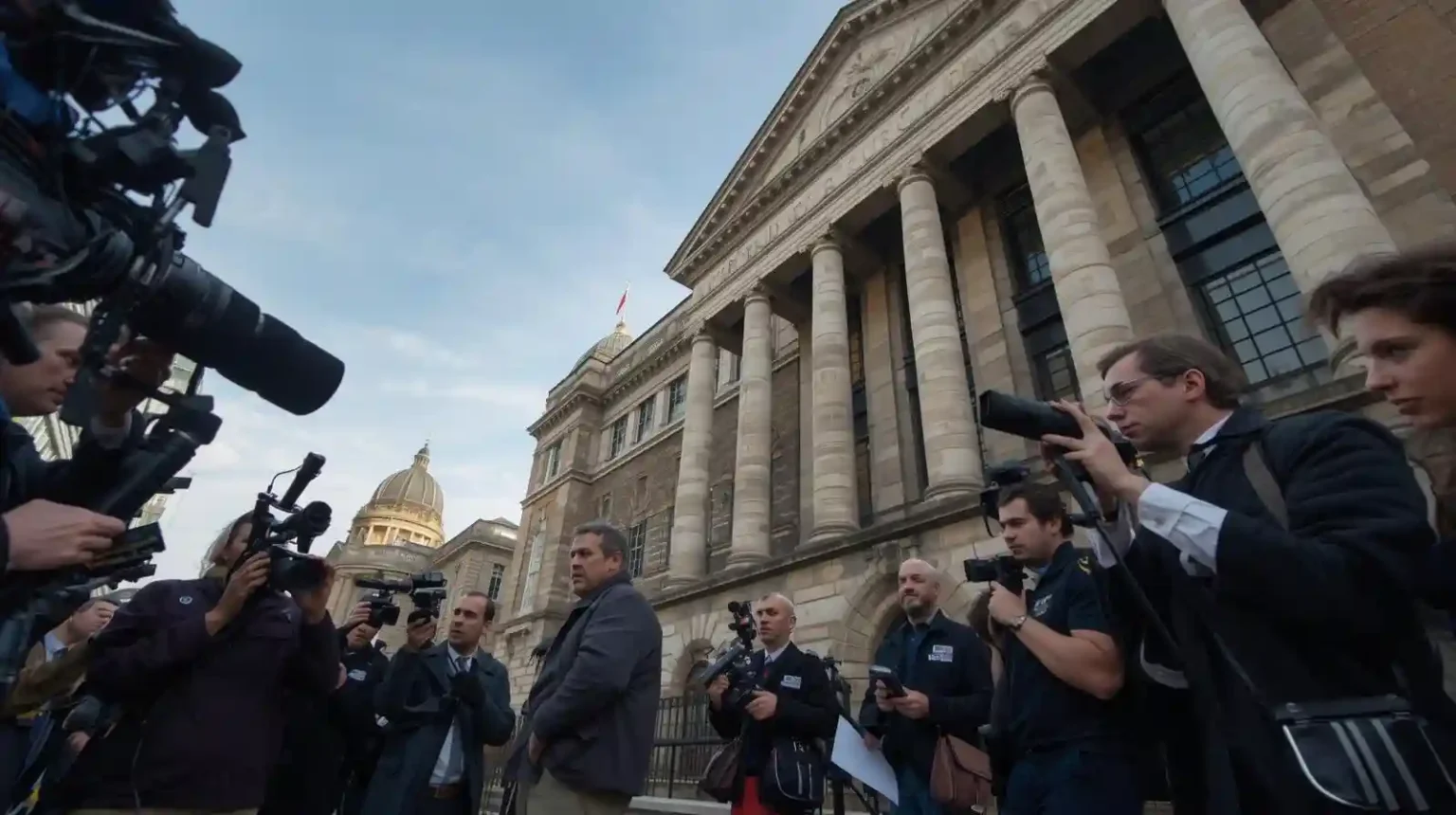 Liverpool Crown Court with journalists and cameras outside during the Joey Barton case coverage.