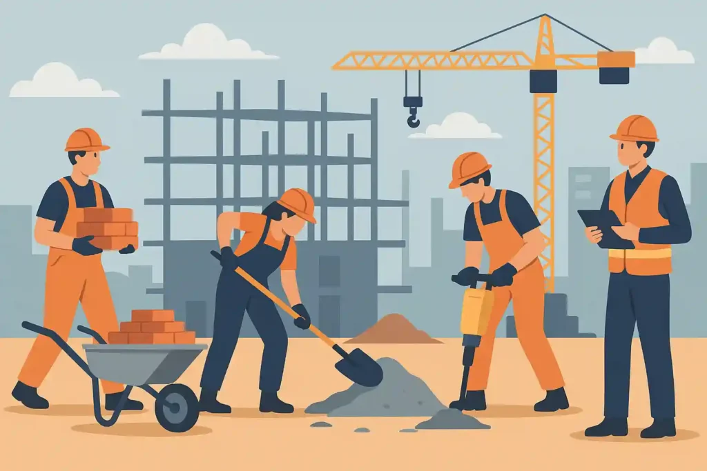 Construction workers performing various tasks at a building site with cranes and scaffolding in the background, representing labour conditions relevant to Karnataka labour law under new reforms.