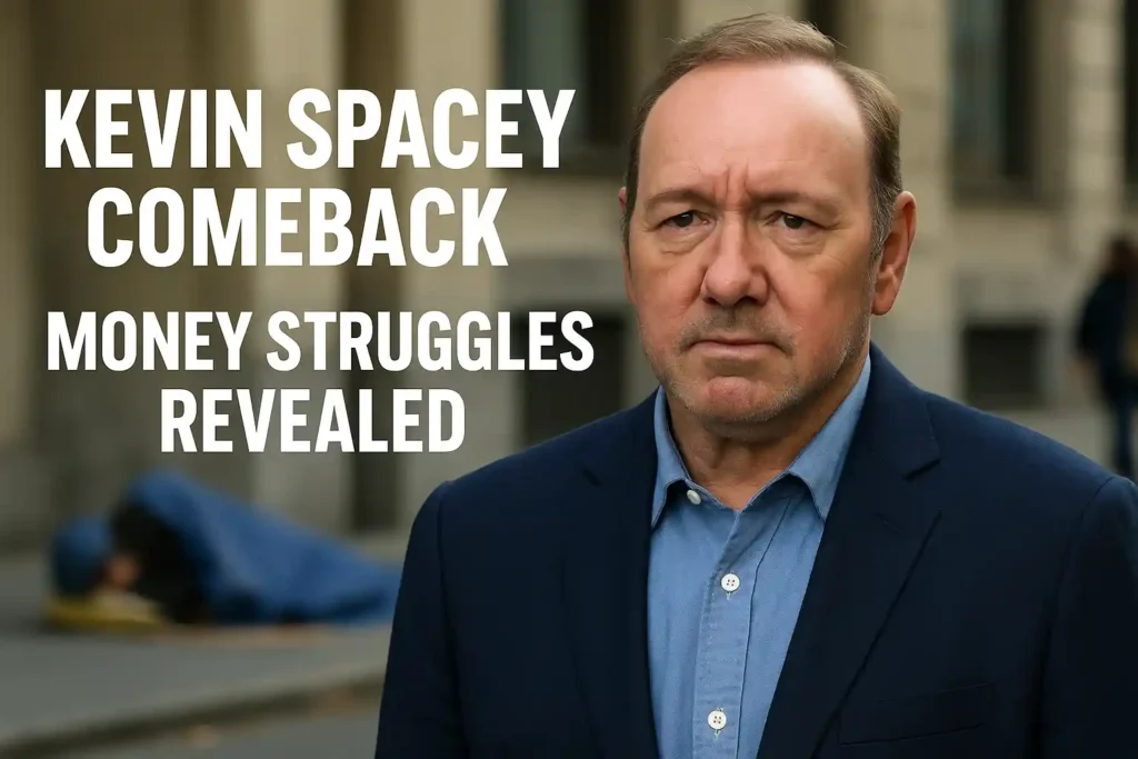 Kevin Spacey standing outdoors with a serious expression, symbolizing the Kevin Spacey comeback and his recently revealed money struggles.