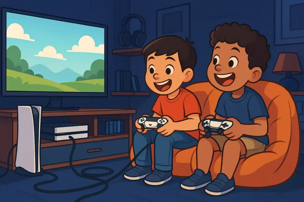 Kids playing PS5 in a cozy gaming room during the PS5 Black Friday Sale.