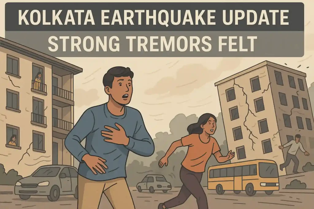 Illustration showing residents running outdoors as buildings shake during the Kolkata earthquake, depicted in a semi-realistic landscape scene.