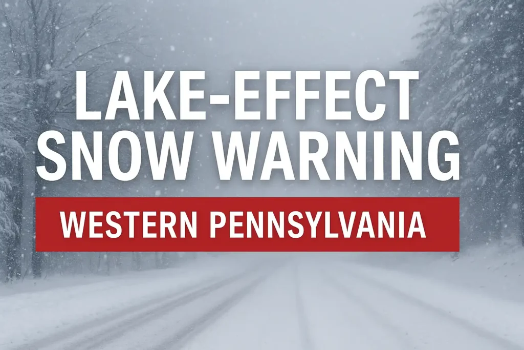 Lake-effect snow warning graphic showing a snowy road and trees with bold text highlighting Western Pennsylvania.
