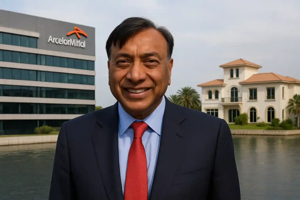 Lakshmi Mittal standing in front of an ArcelorMittal office and a waterfront villa, representing the Lakshmi Mittal relocation from the UK to new global hubs.