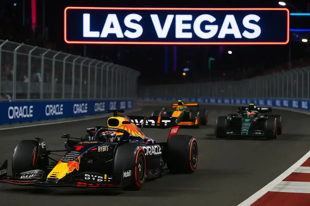 F1 cars race under the bright Las Vegas sign during the Las Vegas Grand Prix night race, with a McLaren car pushing forward in the pack.