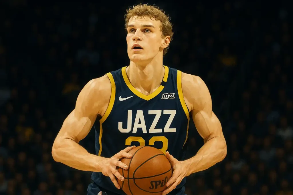 Illustration of Lauri Markkanen during a game, created for a Lauri Markkanen update article, showing him in a Utah Jazz jersey preparing to shoot.