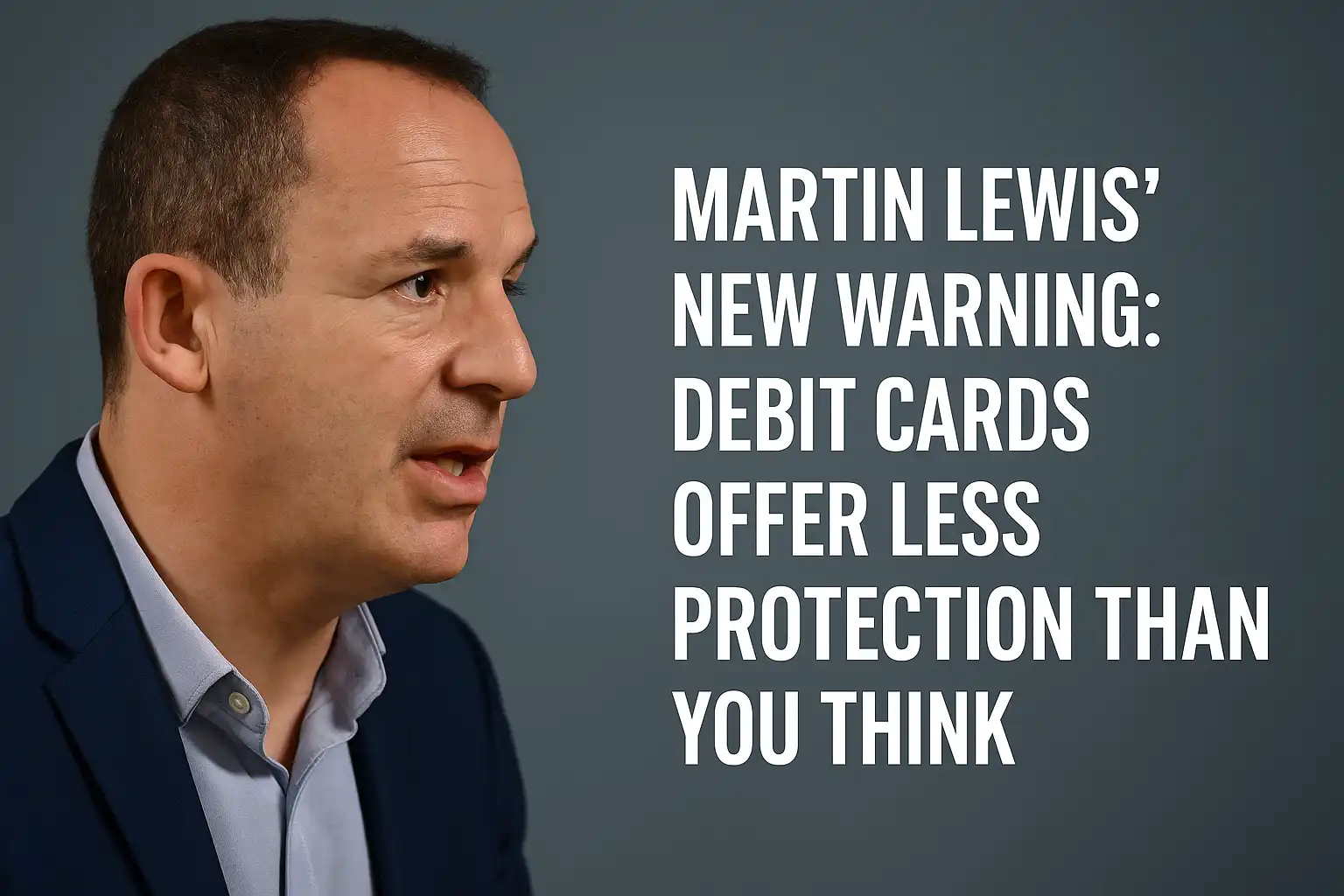 Side profile of Martin Lewis speaking against a dark background, highlighting the Lewis debit card warning about lower consumer protection.