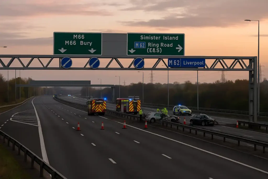 Emergency vehicles and damaged cars on the M60–M66 motorway during a crash investigation, causing major M60 M66 traffic delays.