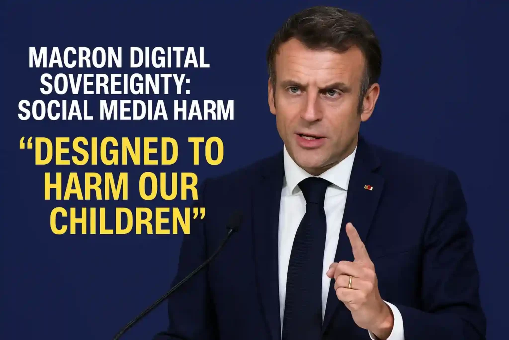 A serious Emmanuel Macron speaks at a podium during the Summit on European Digital Sovereignty, emphasizing his warning about social media harming children.