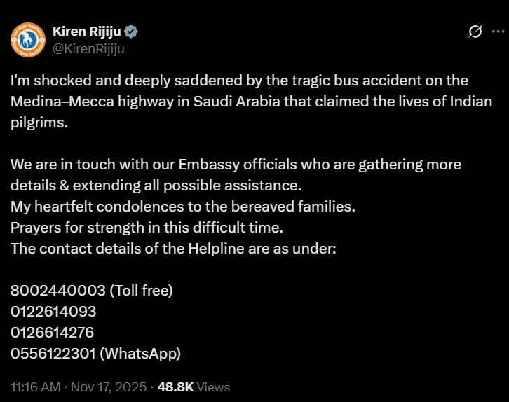 Madinah bus crash Screenshot of Kiren Rijiju’s official X post expressing condolences and sharing helpline numbers after the Madinah bus crash.