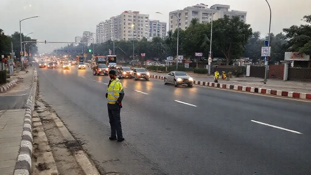 Emergency teams inspecting the Mahipalpur–Airport Road area during the Mahipalpur blast update.