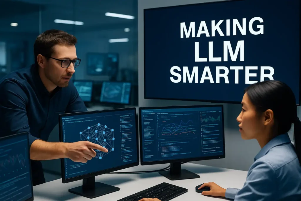 Two engineers in a modern AI lab analyzing neural network data on multiple monitors with a large screen displaying the text “Making LLM Smarter.”