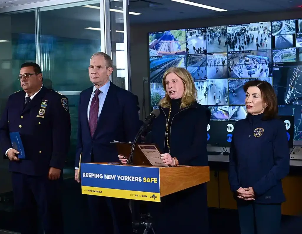 Jessica Tisch speaks at a federal security funding event, illustrating the leadership role highlighted as Mamdani retains Jessica Tisch.