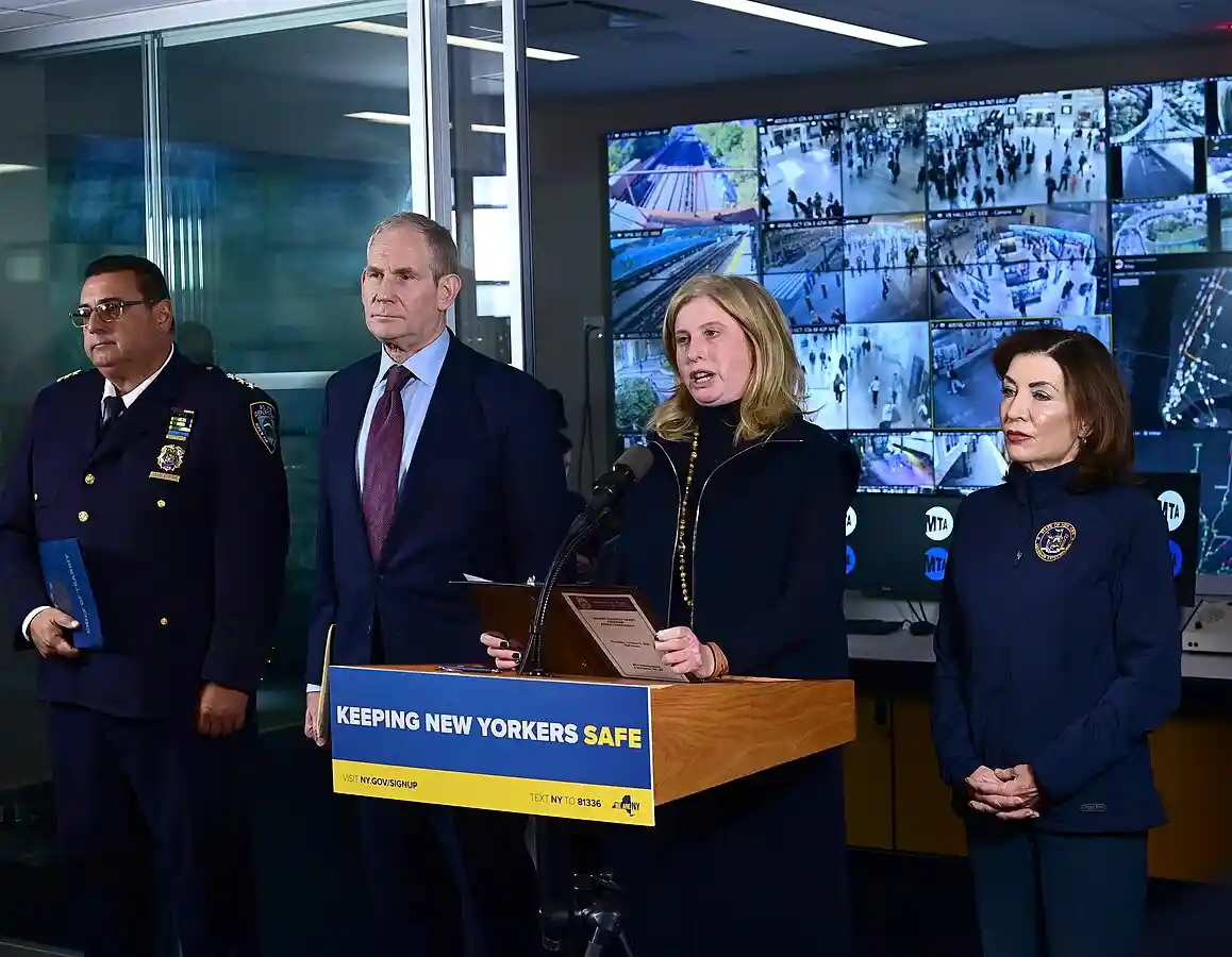 Jessica Tisch speaks at a federal security funding event, illustrating the leadership role highlighted as Mamdani retains Jessica Tisch.
