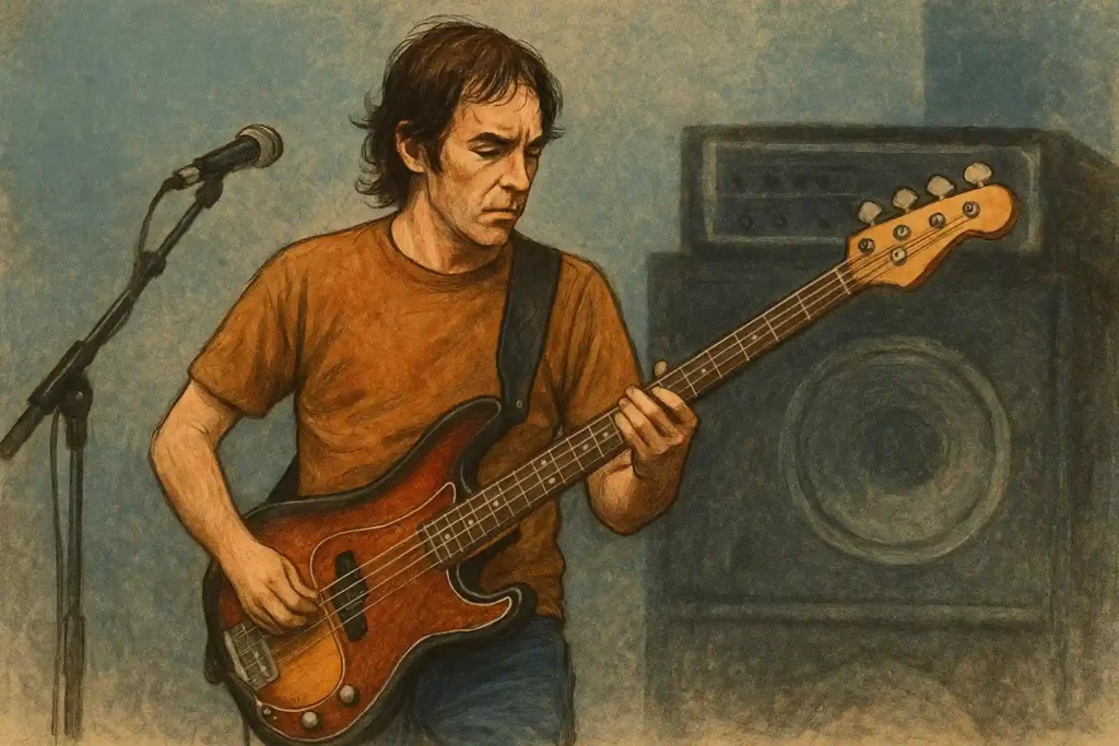 Illustration of Mani performing live on stage with his bass guitar, created as a tribute following the Mani Stone Roses death.