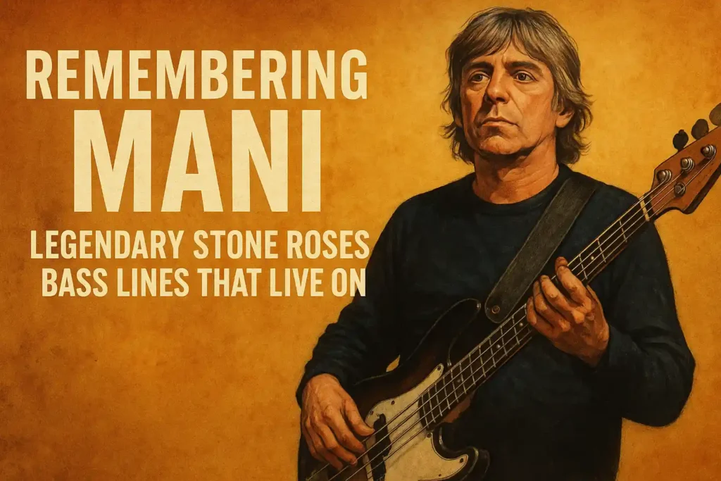 Illustration of Mani holding his bass guitar with the text “Remembering Mani: Legendary Stone Roses Bass Lines That Live On,” created as a tribute following the Mani Stone Roses death.