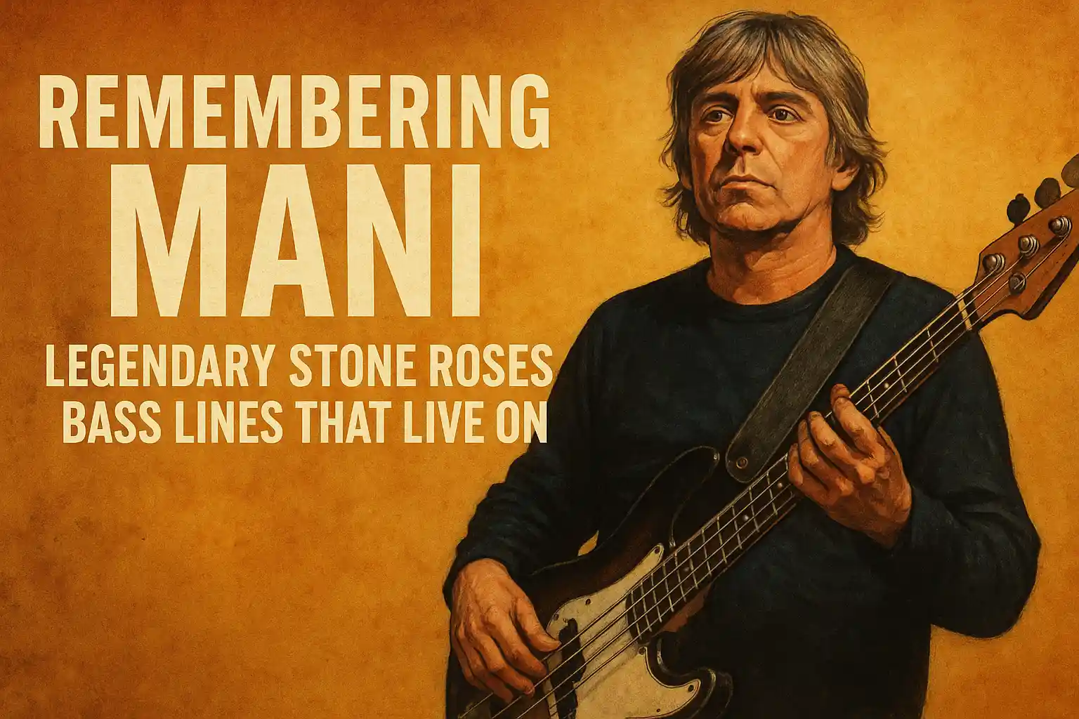 Illustration of Mani holding his bass guitar with the text “Remembering Mani: Legendary Stone Roses Bass Lines That Live On,” created as a tribute following the Mani Stone Roses death.