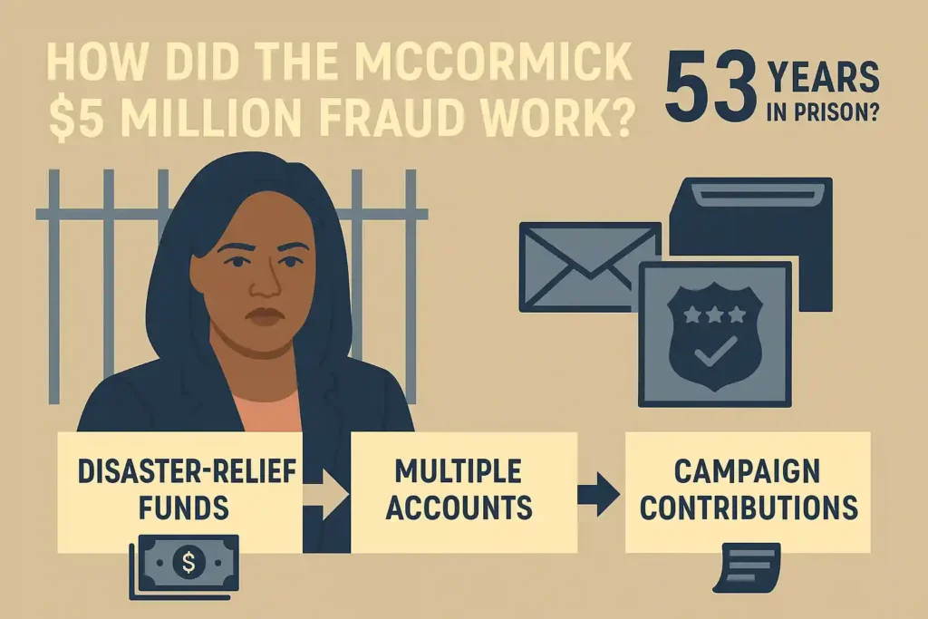 Illustration explaining the McCormick $5 million fraud scheme, showing a portrait of Sheila Cherfilus-McCormick with arrows linking disaster-relief funds, multiple accounts, and campaign contributions.
