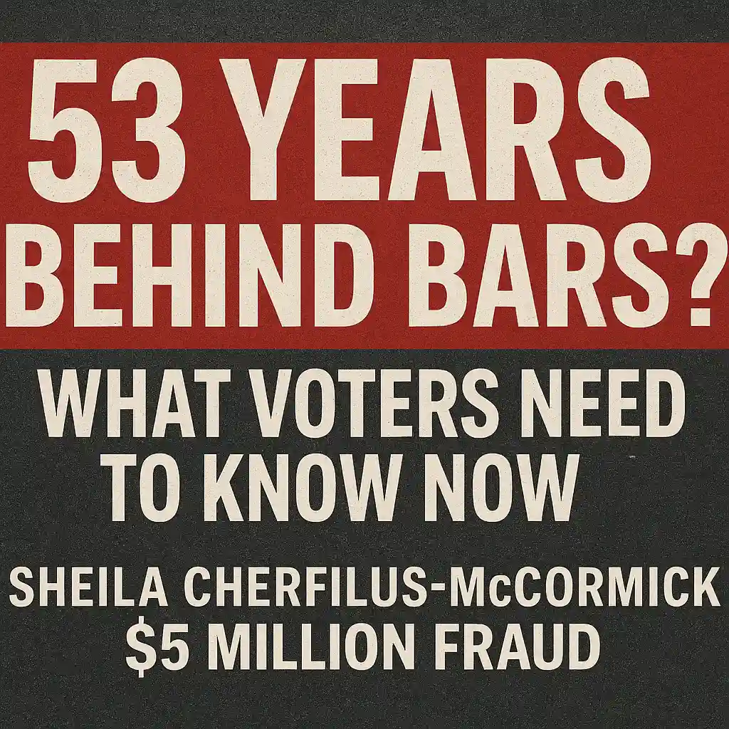 Headline graphic showing the text “53 Years Behind Bars? What Voters Need to Know Now” with a focus on the McCormick $5 million fraud case.