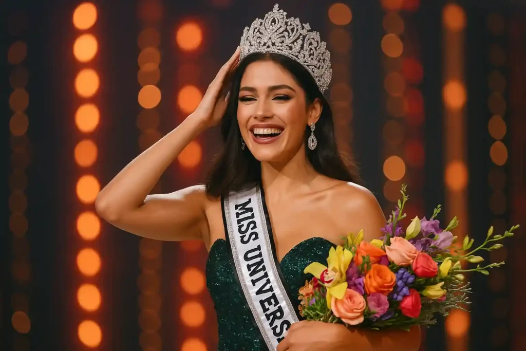 Fátima Bosch smiles after being crowned Miss Universe 2025, wearing a sparkling silver crown and holding a colorful bouquet on a glowing stage.