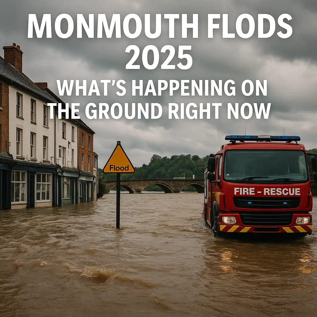 A flooded street in Monmouth with rising brown water, a flood warning sign, and a fire rescue truck responding during the Monmouth floods 2025.