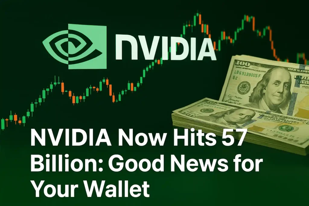 NVIDIA logo with a rising stock chart and dollar bills, illustrating the strong financial performance shown in the NVIDIA Q3 results.