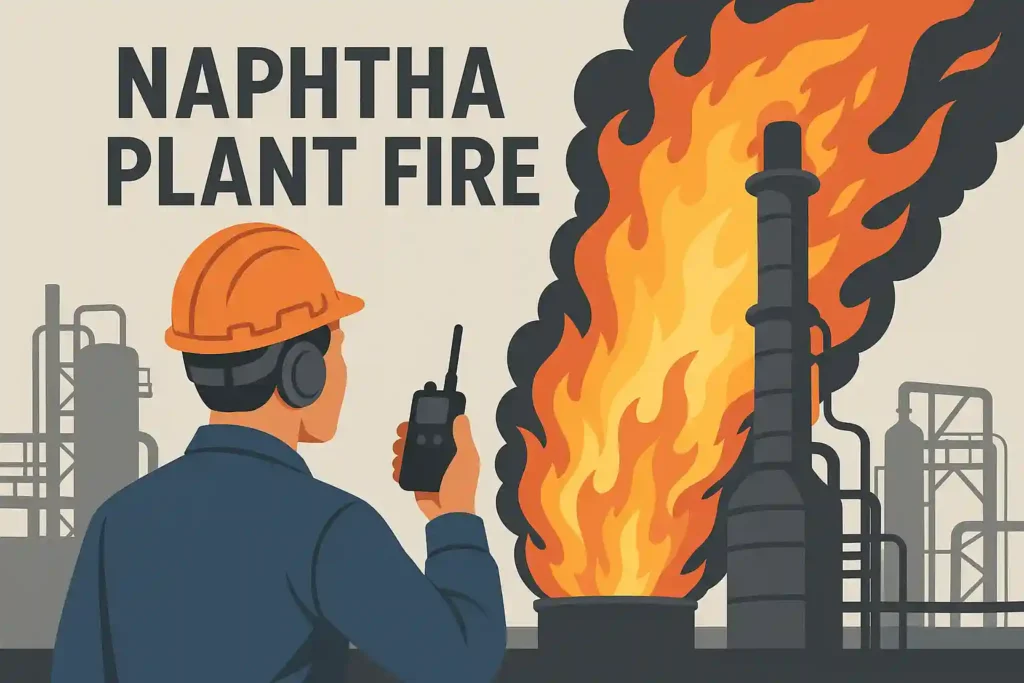 Illustration of a worker observing a refinery tower engulfed in flames and smoke during the Naphtha Plant Fire.
