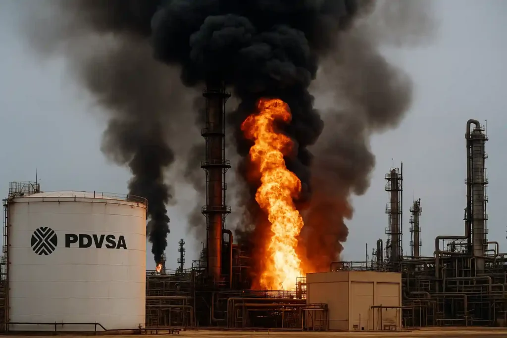 A massive blaze and thick black smoke rise from a PDVSA refinery tower during the Naphtha Plant Fire in Venezuela.