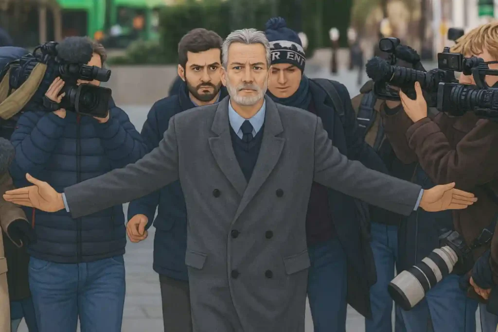 Illustrated scene of a man walking through a crowd of reporters and photographers with his arms extended, used as a symbolic representation of the Nathan Gill bribery case.