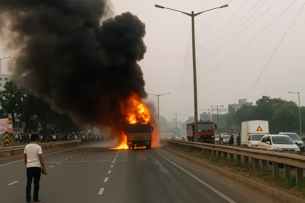 Truck engulfed in flames on a busy highway with thick black smoke rising and vehicles stopped nearby.