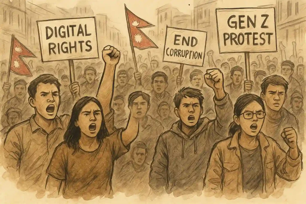 Illustrated scene of young Nepali protesters raising fists and holding signs demanding digital rights and an end to corruption during the Nepal Gen-Z protests.