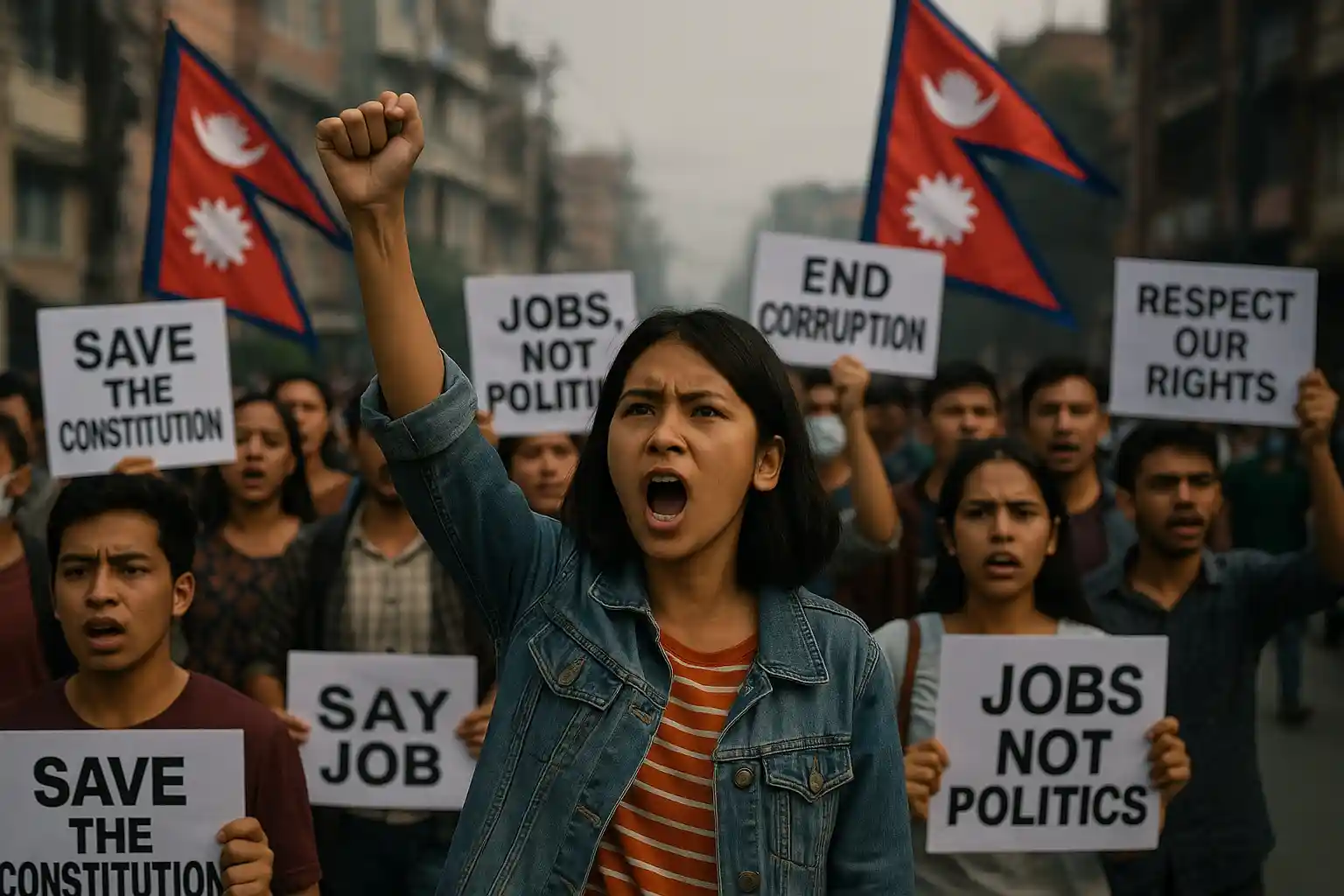 A young Nepali woman leads a crowd of protesters holding signs and Nepal flags during the Nepal Gen-Z protests in a city street.
