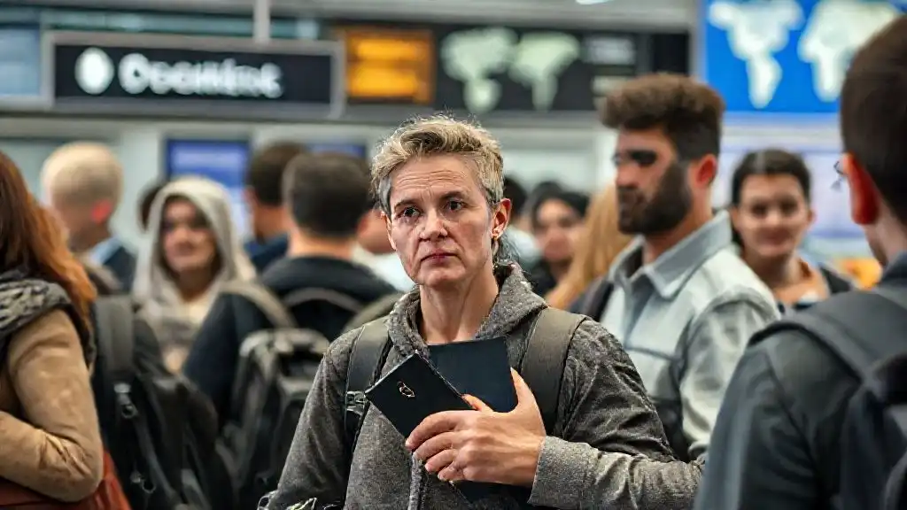 A traveler holding a passport at an airport counter, representing the impact of the New Passport Sex Policy on identity documentation.