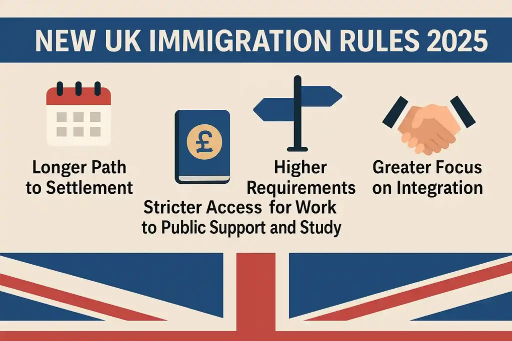 Illustration explaining the new UK immigration rules for 2025 with icons showing settlement, support access, work requirements, and integration.