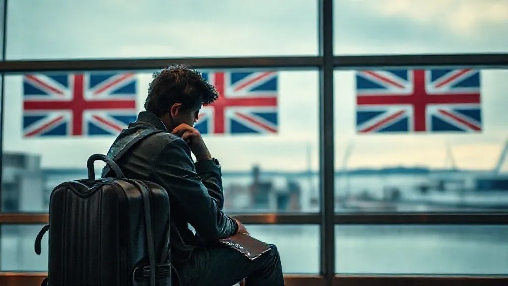 A worried traveler sitting alone at an airport with a suitcase, looking thoughtful as UK flags hang in the background, symbolizing uncertainty around the new UK immigration rules.