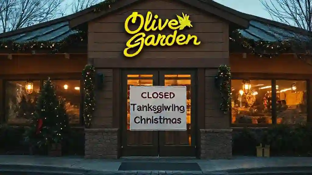Olive Garden restaurant closed for Thanksgiving and Christmas 2025 with a holiday sign on the door.