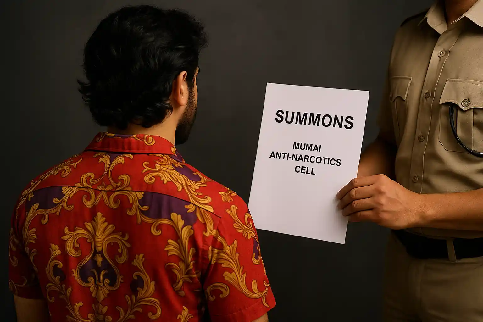 A man seen from behind receives a summons from a Mumbai Anti-Narcotics Cell officer in connection with the Orry drug case.