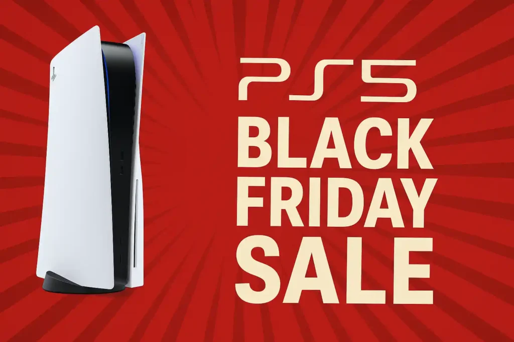 PlayStation 5 console displayed against a red background promoting the PS5 Black Friday Sale.