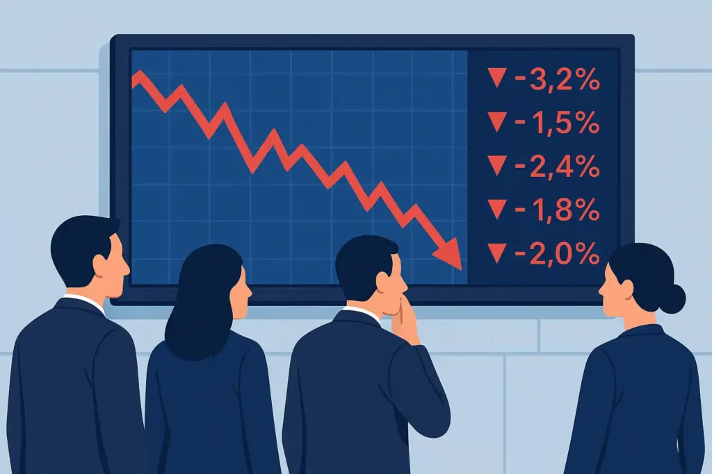 People watching a large screen showing falling stock prices during a Wall Street market update.