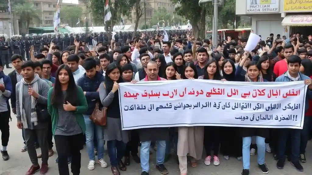 Students protesting in PoK streets during Gen Z protests, holding banners and shouting slogans.