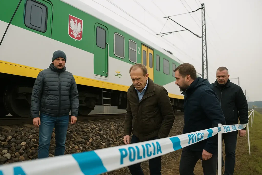 Officials inspect a stopped green and white train behind police tape after the Poland railway blast.