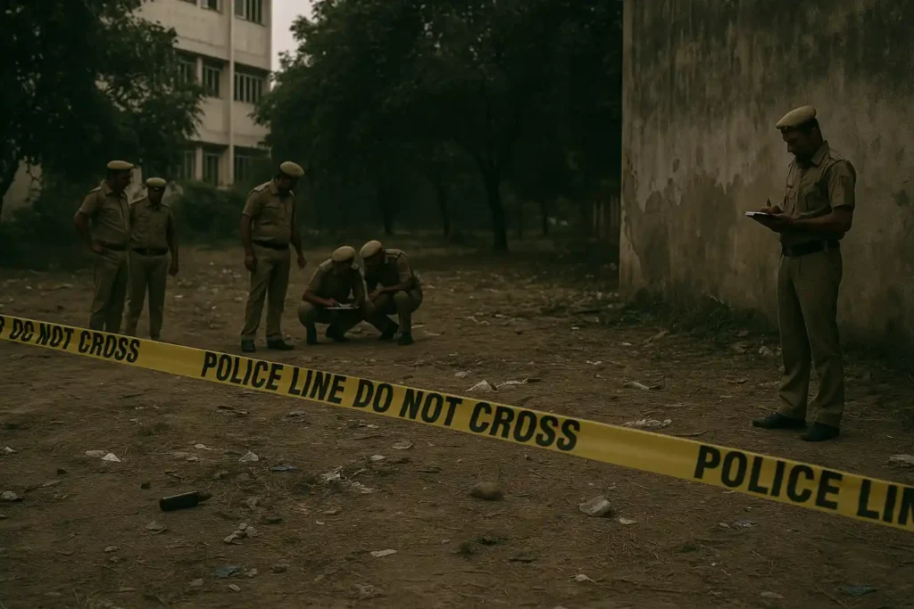 Police officers investigate a cordoned-off outdoor site marked with yellow tape, examining debris and taking notes from a distance.