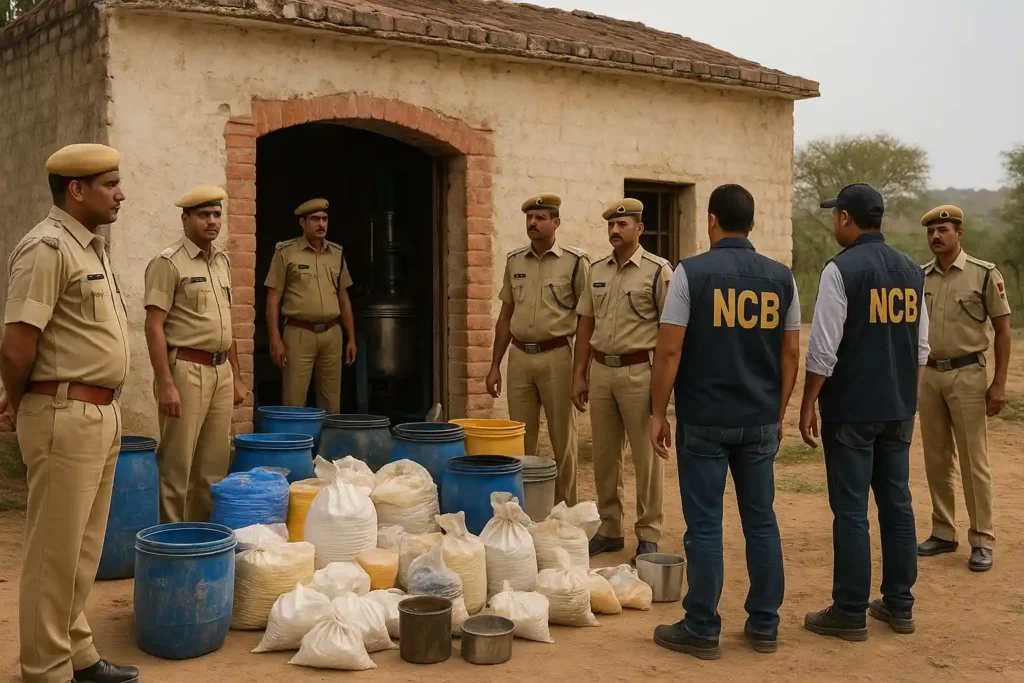 Rajasthan Police and NCB officers stand outside a rural farmhouse with seized chemical drums and bags during a Rajasthan Mephedrone lab raid.