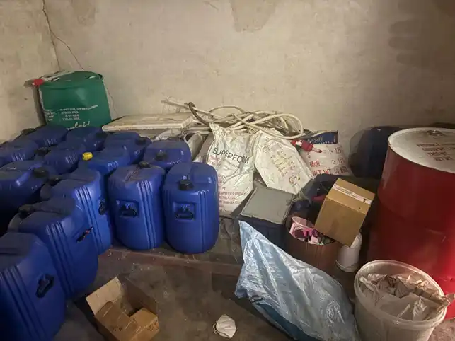 Rajasthan Mephedrone lab Raid Chemical drums, containers, and materials seized from a Rajasthan Mephedrone lab during a police and NCB raid.
