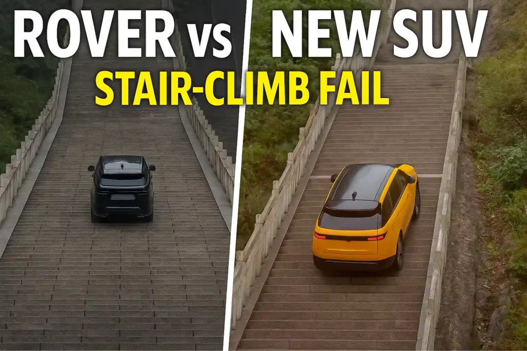 A split-screen comparison showing a Range Rover climbing a long stone staircase on the left and a yellow Chinese SUV with a black roof struggling and sliding on the right.