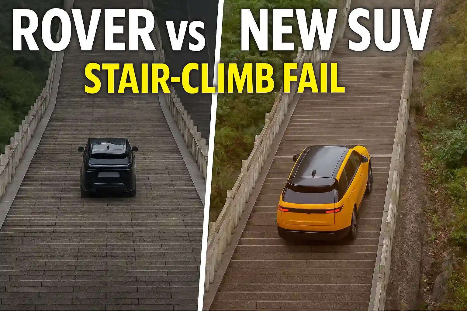 A split-screen comparison showing a Range Rover climbing a long stone staircase on the left and a yellow Chinese SUV with a black roof struggling and sliding on the right.